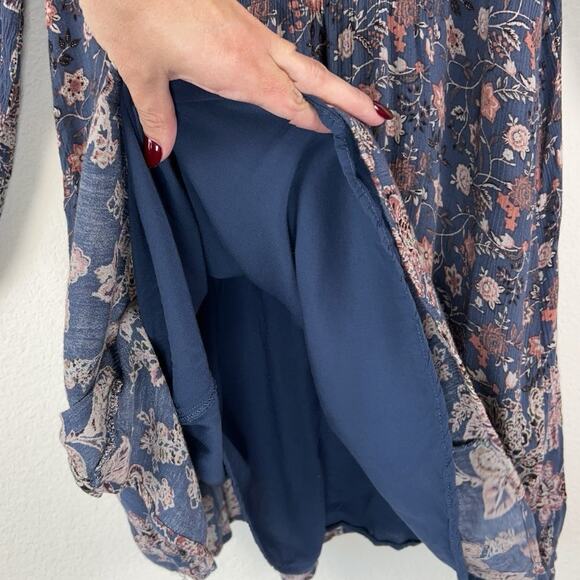 Free People Boho Romantic S Floral Mini Dress Blue Peasant Cottagecore Flowy - Picture 5 of 8